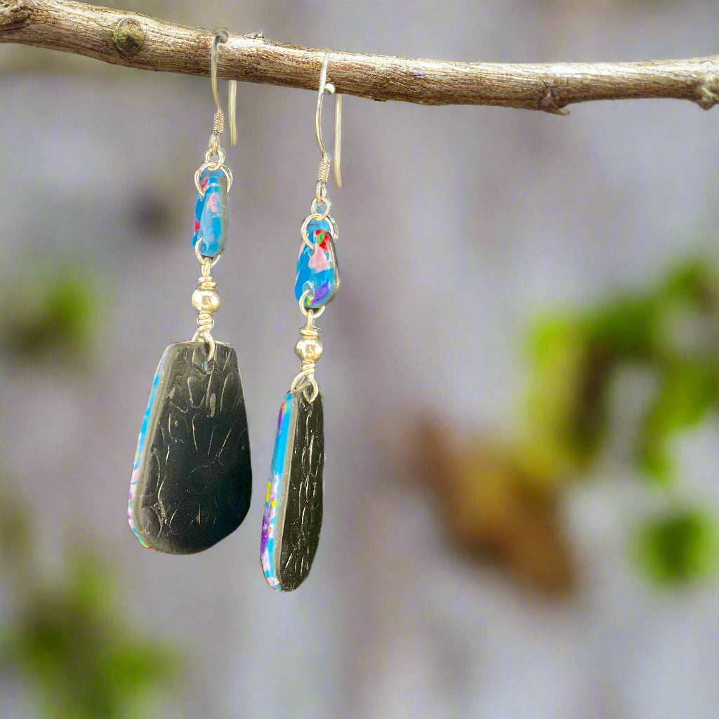 Moody Blues Abstract Artisian Mokume Gane Polymer Clay Earrings