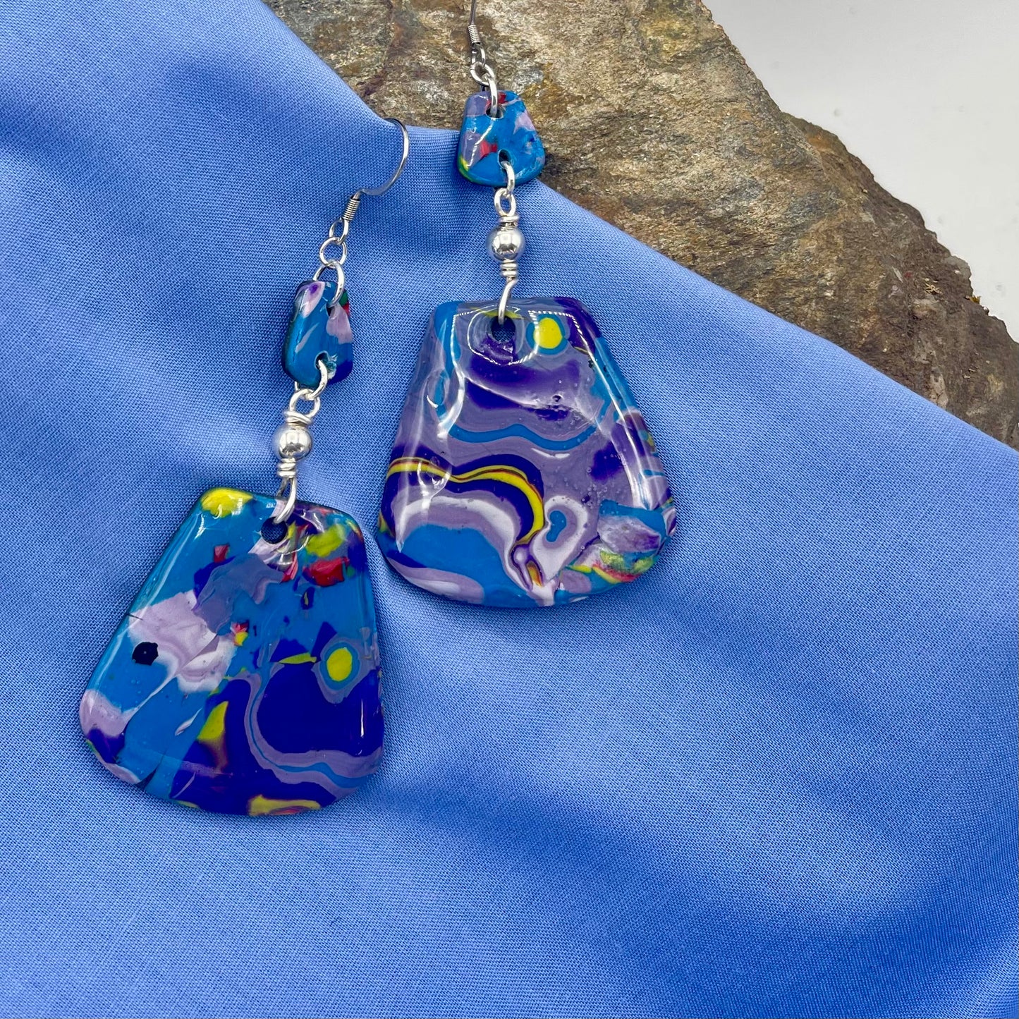 Moody Blues Abstract Artisian Mokume Gane Polymer Clay Earrings