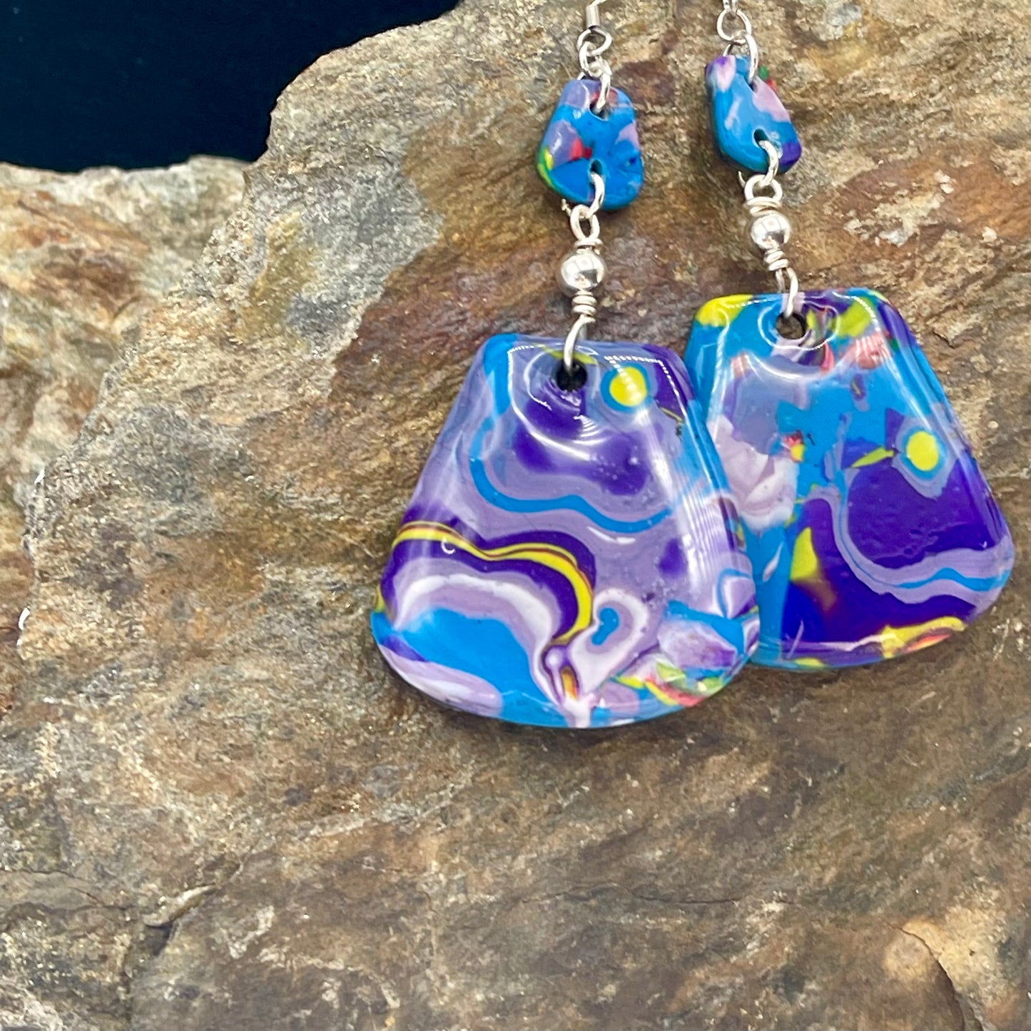 Moody Blues Abstract Artisian Mokume Gane Polymer Clay Earrings