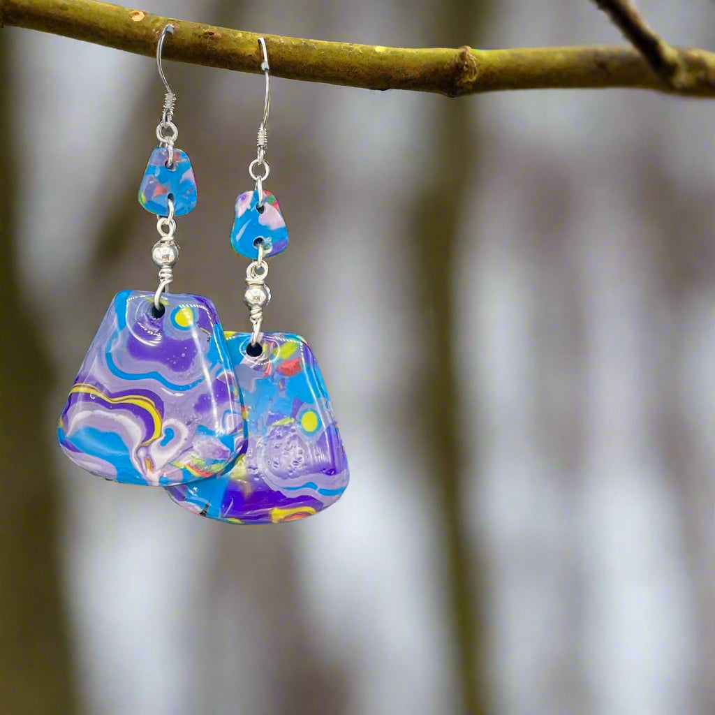 Moody Blues Abstract Artisian Mokume Gane Polymer Clay Earrings
