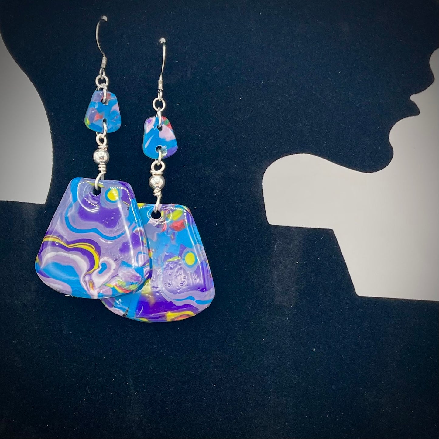 Moody Blues Abstract Artisian Mokume Gane Polymer Clay Earrings